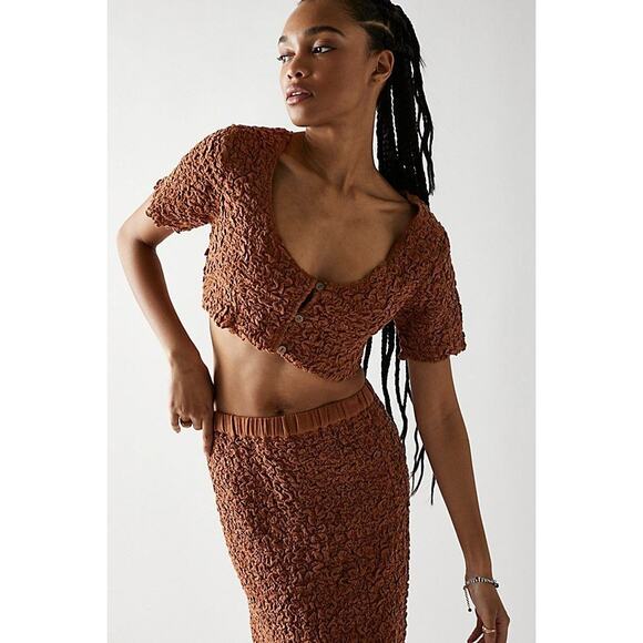 New Free People Double The Fun Button Cardi Midi Skirt Set $128 Medium Sienna - Picture 5 of 5
